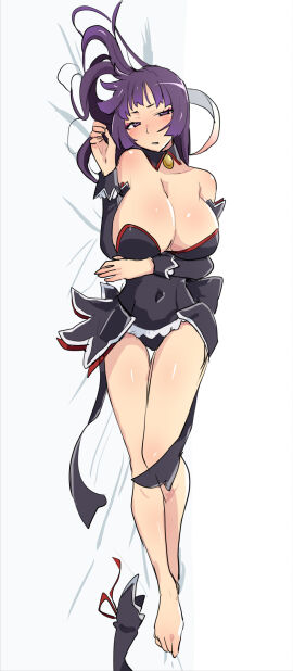 07th_expansion 2024 angel_mort_uniform big_breasts blush breasts eua_(higurashi_no_naku_koro_ni) featherine_augustus_aurora feet female female_focus female_only higurashi_no_naku_koro_ni hime_cut legs light-skinned_female light_skin long28 long_hair looking_at_viewer lying lying_on_bed mature_female milf navel on_bed purple_eyes purple_hair thighs