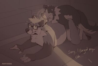 anthro anthro_on_feral blush blush_lines blushing canid canine canis caught_in_the_act collie couch domestic_dog duo eyewear feral feral_on_anthro fox from_behind_position fur glasses herding_dog hi_res male male/male mammal mintyderg mounting pastoral_dog sex sheepdog sofa sweat sweatdrop sweating sweaty tail text zoophilia