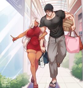 1boy 1girls 2024 artist_logo big_breasts black_hair blush breasts dark-skinned_female dark_skin detailed_background female hair_over_one_eye height_difference jujutsu_kaisen light-skinned_male light_skin long_hair male muscular muscular_male red_lipstick scar scar_on_mouth sharp_teeth shopping sideboob smile thick_thighs thigh_squish thigh_strap tibo_arts toji_fushiguro valentine_bonheur_(cinnabus) white_hair