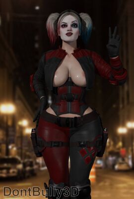 1girls 3d 3d_(artwork) batman_(series) blender blender_(artwork) blender_(software) dc dc_comics dont_bully_(artist) female female_only harley_quinn harley_quinn_(injustice) injustice_2 light-skinned_female light_skin pale-skinned_female pale_skin partially_clothed partially_clothed_female pinup smirk smirking smirking_at_viewer solo solo_female twintails twintails_(hairstyle) two-tone_hair voluptuous