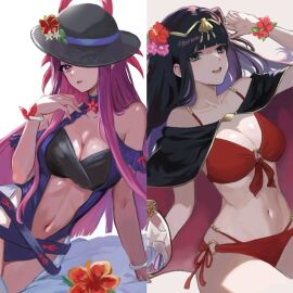 2girls alternate_costume bikini black_hat blue_one-piece_swimsuit blue_swimsuit bracelet casual_one-piece_swimsuit clothing_cutout dress_swimsuit female female_only fire_emblem fire_emblem_awakening fire_emblem_engage fire_emblem_heroes flower flower_bracelet flower_umbrella hat highres ivy_(fire_emblem) jewelry mole mole_on_cheek mole_under_mouth multiple_females multiple_girls nintendo official_alternate_costume one-piece_swimsuit red_bikini red_swimsuit stomach_cutout swimsuit tharja_(fire_emblem) toeless_footwear tropical_drink umbrella umbrella_flower yuurururun