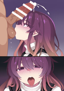 1boy balls balls_sucking blush brown_hair commentary_request cum cum_in_mouth cum_on_tongue fellatio female gradient_hair hammer_(sunset_beach) hijiri_byakuren long_hair looking_at_viewer male multicolored_hair open_mouth oral penis purple_eyes purple_hair straight testicles touhou veins veiny_penis