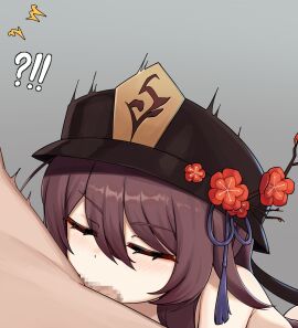 !? 1boy bippew black_hat brown_hair censored closed_eyes completely_nude fellatio female flower genshin_impact hat hat_flower hat_tassel highres hu_tao_(genshin_impact) long_hair mosaic_censoring nude oral penis plum_blossoms porkpie_hat red_eyes twintails