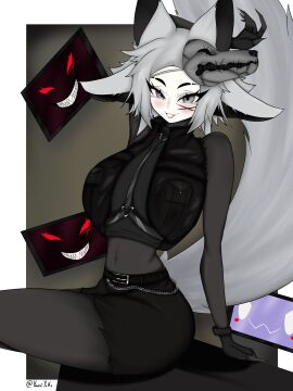 1girls animal_ears belt black_hair blush breasts crop_top dog_ears dya_rikku_(vtuber) face_markings female fox_ears gloves grey_hair large_breasts looking_at_viewer midriff multicolored_hair navel pantyhose sitting skin_tight smile solo tail tongue tongue_out virtual_youtuber vyugen white_eyes white_hair zipper