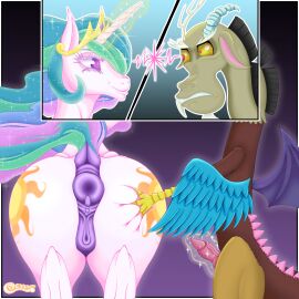 absurd_res alicorn anatomically_correct anatomically_correct_anus anatomically_correct_genitalia anatomically_correct_vulva angry anus ass big_butt butt_focus butt_grab c33purr discord_(mlp) duo equid equine female feral friendship_is_magic genitals hand_on_butt hasbro hi_res horn horse knot magic male male/female mammal my_little_pony mythological_creature mythological_equine mythology pony princess_celestia_(mlp) puffy_anus vulva wings