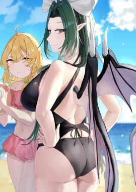 2girls ass back_view beach big_breasts bikini blonde_hair blush blush_lines breasts detailed_background female green_eyes green_hair hands_on_hips hat kuma_xylocopa light-skinned_female light_skin long_hair looking_back marisa_kirisame mature_female mima mima_(touhou) pointy_ears sand sky smile thick_thighs thighs touhou touhou_(pc-98) water wings yellow_eyes