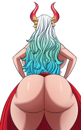 1girls ass_expansion ass_exposed ass_focus back_view edited expansion female female_only hands_on_hips horns huge_ass huge_butt kibou-kage lifted_clothing long_hair one_piece solo standing topless transparent_background visible_breasts white_hair yamato_(one_piece)