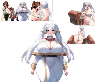 1boy 1girls 2girls alternate_breast_size ass big_ass big_breasts blue_scales boob_window breasts brown-haired_glasses_elf_(houtengeki) brown_hair chest chorquistudios collar crush crushed crushed_by_ass cute_male dinosaur dress elf elf_ears elf_female fantasy female french_kiss frieren frieren_stuck_in_a_mimic_(meme) glasses grabbing grabbing_ass grabbing_from_behind green_bikini green_dress happy happy_female happy_male huge_ass huge_breasts kissing licking licking_lips love male milf mimic mimic_chest monster monster_boy original_character pearl_necklace ponytail ponytails raptor saliva saliva_on_tongue saliva_trail scale scales secretly_loves_it smaller_male smile sousou_no_frieren surprised surprised_expression taller_female teeth teeth_showing tentacle tentacle_in_mouth tentacle_monster threesome white_bikini white_hair