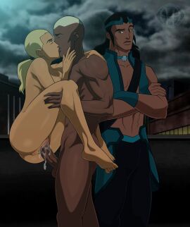 1girls 2boys anus aqualad artemis_crock ass barefoot carrying carrying_partner completely_nude cum cum_in_pussy cum_inside dark-skinned_male dark_skin eye_of_the_beholder feet female kaldur'ahm kissing_while_penetrated legs_up male nude nude_female orientation_play penis penis_in_pussy pussy pussy_juice pussy_juice_drip soles stand_and_carry_position straight_sex toes vaginal_penetration young_justice