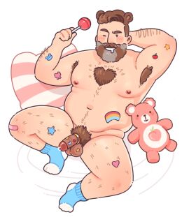 1boy absurdres animal_ears armpit_hair armpit_hair_peek bandaid bandaid_on_knee bandaid_on_leg bara bear_ears beard belly blush body_fur brown_hair candy chest_tuft cock_ring completely_nude drooling excessive_armpit_hair facial_hair fat fat_male flaccid food full_beard full_body hairy heart-shaped_body_hair highres holding lgbt_pride lollipop looking_at_viewer lying male male_focus male_pubic_hair mature_male navel navel_hair nipples nude on_back one_eye_closed original pansexual_pride_colors peach_emoji penis pillow pink_bandaid porramarquinhos pubic_hair rainbow_print seductive_smile sex_toy short_hair smile socks solid_circle_eyes solo sparse_arm_hair sparse_chest_hair sparse_leg_hair stomach streaked_beard stuffed_animal stuffed_toy teddy_bear thick_beard thick_eyebrows thick_thighs thighs uncensored yaoi