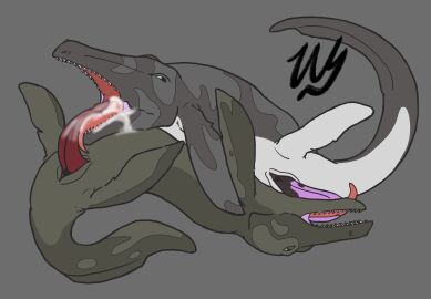69_position animal_genitalia bodily_fluids cum cum_in_mouth cum_inside digital_drawing_(artwork) digital_media_(artwork) duo ejaculation erection fellatio feral fin genital_fluids genitals green_body green_eyes grey_body hi_res licking male male/male male_penetrating marine marine_reptile mosasaur mosasaurus multicolored_body multicolored_penis open_mouth oral oral_penetration orgasm penetration penile penis prehistoric_species reptile scalie sex signature simple_background tail teeth tongue tongue_out two-tone_body two-tone_penis wyrmling_(artist) yellow_eyes