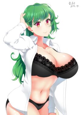 2d big_breasts bra breasts female green_hair huge_breasts kazami_yuuka large_breasts mattari_yufi red_eyes simple_background solo touhou yuka_kazami