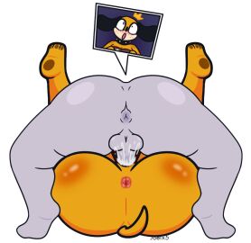 2024 anthro anus ass balls big_ass big_butt black_collar blush brown_clothing brown_topwear canid canine canis clothing collar digital_drawing_(artwork) digital_media_(artwork) domestic_dog duck_hunt duck_hunt_dog duo erection female genitals grey_body huntress_(lewdewott) joelbrunox5 legs_up lying male male/female mammal nintendo on_back open_mouth orange_body penis sex signature simple_background spiked_collar spikes tail topwear white_background