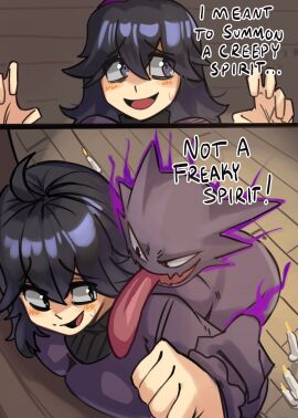 1girls 2d against_wall bags_under_eyes blush breasts busty dress earrings female ghost haunter hex_maniac human human_female light-skinned_female light_skin long_hair long_sleeves male monster monster_male moxydraws moxydrawsmore nintendo pokemon pokemon_(species) pokemon_xy pokephilia tagme text twitter_link