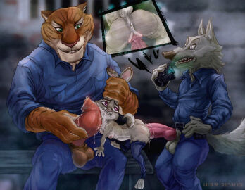 1girls animal_genitalia animal_penis anthro anus areola ass balls belt bench bent_over big_penis bodily_fluids bottomwear breasts camera camera_view canid canine canine_genitalia canine_penis canis clothed clothed_sex clothing cum cum_from_pussy cum_in_pussy cum_inside cum_on_face cum_on_penis digital_media_(artwork) disney ejaculation erection feet felid female female_penetrated from_behind_position fur genital_fluids genitals grey_body grey_fur group group_sex hair hand_on_penis hi_res holding_both_ears holding_camera holding_object humanoid_genitalia humanoid_penis judy_hopps knot lagomorph larger_male leporid lirium_chevalier looking_back male male/female male_penetrating male_penetrating_female mammal mostly_nude nipples officer_fangmeyer officer_wolfard pantherine pants penetration penile penis penis_against_cheek prison prison_cell prison_rape pussy rabbit recording sex shallow_penetration shirt sitting size_difference smaller_female smile standing standing_sex tail threesome tiger toes topwear torn_bottomwear torn_clothing torn_pants trio unbuttoned_pants vaginal_penetration wolf zootopia
