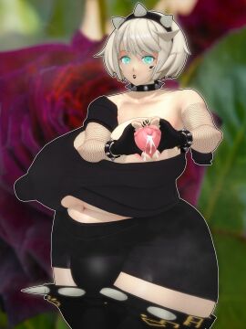 100percentnothing 1futa 3d ahoge artist_upload big_belly big_breasts big_thighs black_legwear black_lipstick black_topwear blue_eyes breasts bulge chubby chubby_futa clothed clothing elphelt_valentine fishnets futanari goth gothified guilty_gear guilty_gear_strive heart heart_tattoo highres intersex koikatsu leaking_milk lipstick looking_at_viewer nipple nipslip simple_background smile spiked_collar spikes thick_thighs thighhighs tummy white_hair