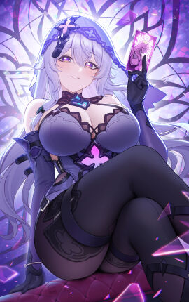 1girls big_breasts black_swan_(honkai:_star_rail) blush breasts female fukuro_ko_(greentea) highres honkai:_star_rail legs_crossed purple_background purple_eyes silver_hair sitting smile thigh_strap