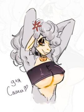 accessory anthro areola areola_slip big_breasts black_clothing black_topwear bovid breasts caprine clothing ear_piercing ewe eyelashes female floppy_ears flower flower_in_hair flower_on_head fur grey_body grey_fur grey_hair hair hair_accessory hands_behind_head heart_symbol hi_res horizontal_pupils looking_at_viewer lop_ears mammal nipple_outline orange_eyes piercing pink_areola plant pupils raised_arms reytchan sha_(the_walten_files) sha_(twf) sheep simple_background smile solo text the_walten_files topwear under_boob white_background yellow_body yellow_fur