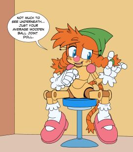 1girls 2d animate_inanimate anthro badnik ball_jointed_doll ball_joints barbie_doll_anatomy belle_the_tinkerer blue_eyes canid canine clothing doll female female_only freckles fur gloves green_headwear handwear hat headgear headwear idw_comics idw_publishing leatherruffian living_doll mammal mobian mobian_(species) mobian_badnik no_genitals orange_body orange_fur orange_hair pink_shoes playing_with_hair puppet sega shoes shy sitting sitting_on_chair sitting_on_stool smile socks solo solo_female sonic_(series) sonic_the_hedgehog_(comics) sonic_the_hedgehog_(idw) sonic_the_hedgehog_(series) speech_bubble spread_legs white_gloves wood