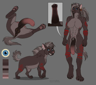 2022 animal_genitalia animal_penis anthro anus areola arm_tattoo balls blue_eyes breasts brown_body claws color_swatch countershading digitigrade ear_piercing equine_genitalia equine_penis fan_character female female_feral feral futanari genitals grey_background herm hyena intersex korithi leg_tattoo mammal markings model_sheet multi_nipple muscular muscular_female nipples nude pawpads paws penis piercing pink_inner_ear pink_nose priestofjashin pseudo-penis pseudo_balls pubes scar simple_background solo tagme tattoo teats toe_claws tribal tribal_markings variations