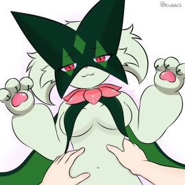 1:1 2025 anthro anthrofied breast_curtains breasts claws digital_media_(artwork) duo evaacii fangs felid feline felis female first_person_view generation_9_pokemon green_body hi_res human human_pov interspecies looking_at_viewer mammal mask massage meowscarada navel nintendo pawpads paws pokemon pokemon_(species) pokemorph pokephilia pov_hands red_eyes simple_background solo_focus teeth wearing_mask