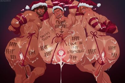 3boys after_anal after_sex arms_behind_back ass bara black_hair body_markings bound bound_arms brown_hair carlos_oliveira chris_redfield christmas closed_mouth cum cum_in_ass cumdump english_text erection facial_hair gay gooning hat highres large_pectorals legs_up leon_s._kennedy leon_scott_kennedy looking_at_another male male_focus male_only meat_toilet men_love_men multiple_boys multiple_males muscular muscular_male nipples open_mouth paradise pectorals penis resident_evil restrained santa_hat short_hair smile smutssmith tally thick_thighs thighs thong thong_aside yaoi