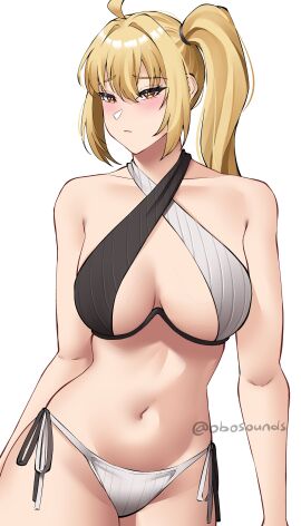 1girls absurdres aged_up ahoge bare_shoulders bikini black_bikini blonde_hair breasts female highres large_breasts long_hair luciana_de_montefio multicolored_bikini navel obosounds side-tie_bikini_bottom side_ponytail simple_background solo stomach swimsuit two-tone_bikini white_background white_bikini zenless_zone_zero