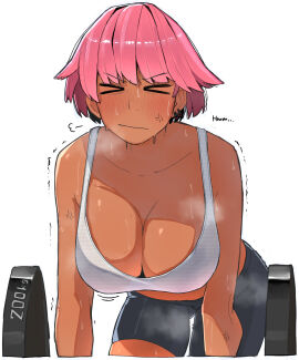 1girls >_< barbell bent_over big_breasts bike_shorts blush breasts cleavage closed_eyes collarbone dark-skinned_female dark_skin ear_piercing english_text female female_only large_breasts looking_at_viewer midriff musk_clouds ohasi ohasiart original original_character pink_(ohasi) pink_hair plump short_hair simple_background solo solo_female spats steam sweat sweatdrop sweating tagme thick trembling weightlifting white_background