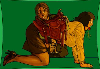 1boy 1girls anya_(mouthwashing) black_hair boss_and_subordinate breasts brown_hair female femsub green_background heels high_heels jimmy_(mouthwashing) large_breasts male mouthwashing mouthwashing_(game) on_all_fours on_hands_and_knees pony_play ponyplay saddle secretary secretary_outfit stockings