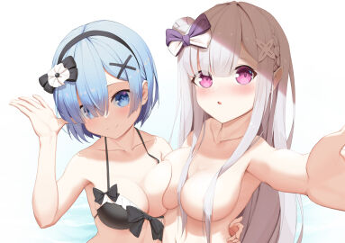 2girls absurd_res absurdres arm_around_another arm_around_waist arm_up armpits bare_armpits bare_arms bare_belly bare_breasts bare_chest bare_hands bare_hips bare_midriff bare_navel bare_shoulders bare_skin bare_tits belly belly_button bikini bikini_only bikini_top black_bikini black_bikini_only black_bikini_top black_hair_ribbon black_hairband black_ribbon black_string_bikini black_swimsuit black_swimwear blunt_bangs blush blushing_at_viewer blushing_female bowl braid braided_hair breast_press breast_press_on_chest breasts breasts_press breasts_pressed_against_partner breasts_pressed_together busty busty_female busty_teenager cleavage closed_mouth_smile collarbone completely_naked completely_nude dock docking dot_nose elbows embarrassed embarrassed_female emilia_(re:zero) exposed exposed_armpits exposed_arms exposed_belly exposed_breasts exposed_midriff exposed_shoulders exposed_tits exposed_torso extended_arm female female_focus female_only fingers grin hair_between_eyes hair_over_one_eye hair_ribbon hairband hairpin hand_up head_tilt high_resolution highres large_breasts lean_figure light-skinned_female light_skin long_hair looking_at_viewer looking_up looking_up_at_viewer medium_hair multiple_females multiple_girls naked naked_female narrow_waist navel nude nude_female nudity open_mouth parted_bangs parted_lips pressing_breast_on_partner pressing_breasts_together purple_hair_ribbon purple_ribbon re:zero_kara_hajimeru_isekai_seikatsu rem_(re:zero) ribbon short_hair shoulders sideboob simple_background slender_body slender_waist slim_female slim_waist smile smiley_face smiling smiling_at_viewer smirk standing starlan string_bikini swimsuit swimwear teenage_female teenager thin_waist tilted_head topless topless_female upper_body white_background white_hair_ribbon white_ribbon