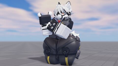 1boy 2024 3d anthro ass baseplate blocky_body caffinatedbuns clothed digital_media digital_media_(artwork) fat_ass fat_thighs femboy fingerless_gloves male male_only red_eyes roblox robloxian solo_male tagme victoria_housekeeping von_lycaon white_body white_fur white_hair zenless_zone_zero
