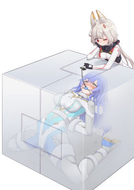 absurdres asphyxiation ball_gag bodysuit bondage bound box breasts breathplay cameltoe contained_setting female female_only femsub fully_clothed gag grey_hair highres in_box in_container large_breasts long_hair medium_breasts original pussy restrained see-through_clothes skin_tight stationary_restraints tight_clothing x-ray xiongmao yellow_eyes