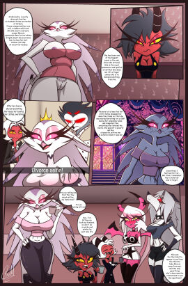 blush comic comic_page english_text female gatojack3 harem helluva_boss loona_(helluva_boss) male millie_(helluva_boss) moxxie_(helluva_boss) nipples_peek pubic_hair pussy pussy_out stella_(helluva_boss) stolas_(helluva_boss) towel_only verosika_mayday_(helluva_boss)