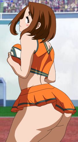 1girls alternate_version_available ass ass_focus ass_peek boku_no_hero_academia bottomless breast_squeeze breast_squish breasts brown_hair butt_focus cheerleader cheerleader_uniform darkuro_27 female looking_back my_hero_academia ochako_uraraka sideboob skirt solo thick_thighs underass