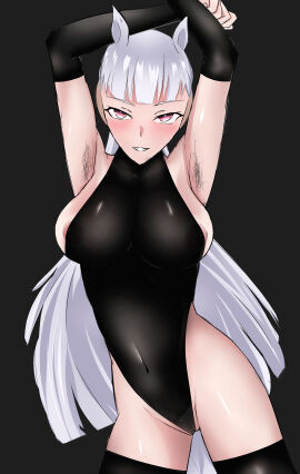 1girls areolae areolae_slip armpit_hair armpits arms_above_head arms_up armwear bangs belly_button belly_button_visible_through_clothing big_breasts black_armwear black_background black_bodysuit black_legwear black_thighhighs blunt_bangs blush bodysuit breasts cameltoe female gold_ship_(umamusume) horse_ears horse_girl horse_tail lavender_hair light-skinned_female light_hair light_skin long_hair looking_at_viewer pink_eyes seductive_look simple_background skin_tight skintight skintight_bodysuit smile solid_color_background solo solo_female solo_focus tail thighhighs umamusume umamusume_pretty_derby visible_areolae