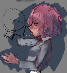 1girls after_kiss doki_doki_literature_club female female_focus lolisakuya natsuki_(doki_doki_literature_club) pink_eyes pink_hair saliva saliva_bridge saliva_string