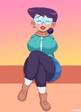 1girls alternate_version_available big_breasts black_hair black_pants breasts bunzerk closed_eyes closed_eyes_smile crossed_legs ear_piercing earrings eyewear female female_only footwear glasses hair huge_breasts jacket legs_crossed lips lipstick mama_matsumoto mature mature_female milf mother pants punch_punch_forever! red_lips red_lipstick scarf shoes solo solo_female thick_lips