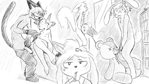 animal_crossing anthro anthro_on_anthro anthro_only bell biting_pencil bodily_fluids book bookshelf bottomwear breasts canid canine canis caught clothed clothing cum cum_on_face cum_on_plushie deer desk domestic_dog dragonweirdo eyewear felid feline female footwear furniture genital_fluids genitals glasses group hand_on_penis hi_res imminent_sex isabelle_(animal_crossing) lagomorph legwear leporid male male/female mammal markings marshal_(animal_crossing) mirror mole_(marking) nintendo olivia_(animal_crossing) oral oral_penetration pants penetration penis plushie plushophilia public public_nudity public_sex rabbit raymond_(animal_crossing) rodent sasha_(animal_crossing) sciurid sex shih_tzu shino_(animal_crossing) shocked shoes squirrel stitches_(animal_crossing) stockings sweat sweater table teddy_bear topless topwear toy_dog tree_squirrel
