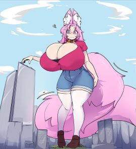 animal_ears before_and_after bigger_female blue_eyes body_growth body_growth_(enlargement) breast_expansion breast_growth breast_growth_(enlargement) breasts breasts_bigger_than_head breasts_bigger_than_torso bursting_breasts cleavage expansion female giantess gigantic_breasts growth growth_drive height_growth hell_is_real_(artist) huge_breasts hyper hyper_breasts hyper_genitalia illeana_(miniordebry) imminent_expansion imminent_growth kitsune pink_hair size_difference thick_thighs tight_clothing