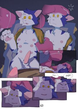 absurd_res anthro balls biped blush claws clip_studio_paint_(artwork) clothing comic digital_media_(artwork) domestic_cat duo english_text erection felid feline felis fur genitals hand_on_face hi_res lizard lynn_(martindosent) male male/male mammal martindosent nipples paws penis reptile scalie sex simple_background striped_body stripes tapering_penis text the_wizard_(martindosent)