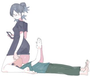 1boy 1girls :| annoyed aqua_shirt arm_at_side arms_up ass ass_worship bare_legs barefoot black_hair blue_hair breasts casual casual_clothes cellphone closed_mouth faceless faceless_male facesitting feet female female_on_top from_side full_body glasses green_pants grey_shirt hair_bun holding holding_phone kneeling light_blue_hair looking_down looking_up_skirt lying male neutral_expression on_back original palms_together pants parted_bangs phone praying shirt short_hair short_sleeves sidelocks sido_(slipknot) sidotama simple_background sketch skindentation smartphone soles straight t-shirt thick_thighs toes white_background