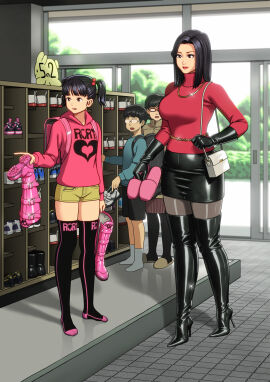 1boy 3girls bag belt_boots black_footwear black_gloves black_hair black_legwear blunt_bangs boot_fetish boots day enkaboots female gentle_femdom getabako glasses gloves handbag heart high_heel_boots high_heels highres holding holding_boots holding_clothes holding_footwear holding_shoes hood hoodie indoors jewelry latex latex_boots male miniskirt mother_and_daughter multiple_females multiple_girls necklace original pantyhose pencil_skirt pink_footwear pointing rubber_boots shiny_clothes shoe_soles shoes short_shorts shorts skirt sliding_doors slippers sneakers socks standing stiletto_heels thigh_boots thighhighs tile_floor tiles turtleneck unworn_boots uwabaki zipper_footwear