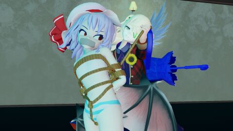 2girls 3d bondage bondage_gear damsel_in_distress female female_only fischl_(genshin_impact) gag gagged genshin_impact pavro remilia_scarlet touhou