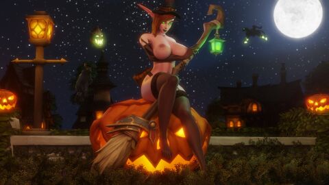 1girls 3d big_breasts blizzard_entertainment breasts brown_hair female female_only green_eyes halloween huge_breasts jack-o'-lantern lunnaru morilymory night_elf original_character purple_skin solo stockings tattoo thick_thighs voluptuous voluptuous_female warcraft wide_hips witch_hat world_of_warcraft