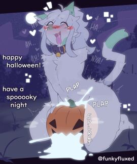 1boy 2024 anthro blush bodily_fluids chest_tuft collar cum cum_in_pumpkin digital_drawing_(artwork) digital_media_(artwork) domestic_cat exyli felid feline felis femboy food fruit fucking_pumpkin funkyfluxed genital_fluids ghost halloween heart_symbol hi_res holidays kneeling looking_pleasured male male_moaning male_only mammal masturbation matt_(exyli) missing_arm moan moaning night nude penetrating_pumpkin plant pumpkin solo solo_masturbation spirit tail tongue tongue_out tuft