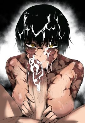 after_fellatio big_penis blowjob breasts burn_scar color color_edit colored cum cum_on_breasts cum_on_face cum_on_glasses cumshot facial female glasses jujutsu_kaisen kissing_penis male masoq095 penis scars tagme zenin_maki