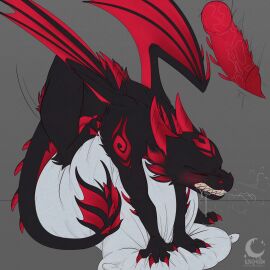 animal_genitalia back_tuft black_body bodily_fluids breath cheek_tuft claws clenched_teeth closed_eyes curled_tail dragon drooling facial_tuft fan_character feral flat_colors folded_wings frill_(anatomy) fur genital_shot genital_slit genitals grinding head_spikes hi_res horn humping internal knot knotted_penis male markings masturbation membrane_(anatomy) membranous_frill membranous_wings mythological_creature mythological_scalie mythology penis penis_shot pillow pillow_humping raised_leg red_body red_markings saliva scales scalie selitoxicmoon sharp_teeth solo spiked_penis spiked_tail spikes spikes_(anatomy) tail teeth tuft wings