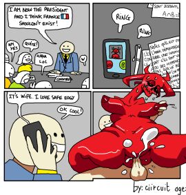 blush blush_lines bodily_fluids breast_milking breasts ciircuit clothing demon dialogue duo female french_flag french_text genitals group hi_res horn human humanoid humor lactating male male/female mammal penetration penile penile_penetration penis penis_in_vagina phone_call pussy red_body red_skin sex suit text vaginal_penetration vulva yellow_eyes