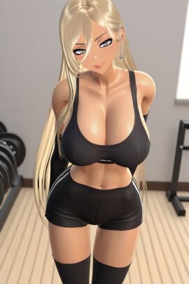1girls arms at back bangs behind between black blonde_hair bodily_fluids bra breasts cleavage clothing dark dark-skinned_female dark_skin delinquent_mother_(flim13) dumbbell ear earrings elbow exercise eyes female fit_female flim13 floor gal gloves grey gyaru gym hair high high_resolution huge_breasts indoors jewelry large large_breasts legwear lips long looking looking_at_viewer midriff navel only original parted piercing png resolution short shorts shoulders skin smile solo sports sports_bra sportswear standing sweat sweaty sweaty_body sweaty_breasts tan-skinned_female tan_body tanned tanned_female tanned_skin thighhighs thighs underwear viewer weights wide_hips wooden