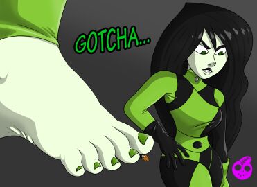 black_hair black_lipstick breasts disney disney_channel feet female foot_crush giantess green_eyes green_toenails kim_possible leather nail_polish nikonoir pale_skin red_hair shego shrinking suit toes villain